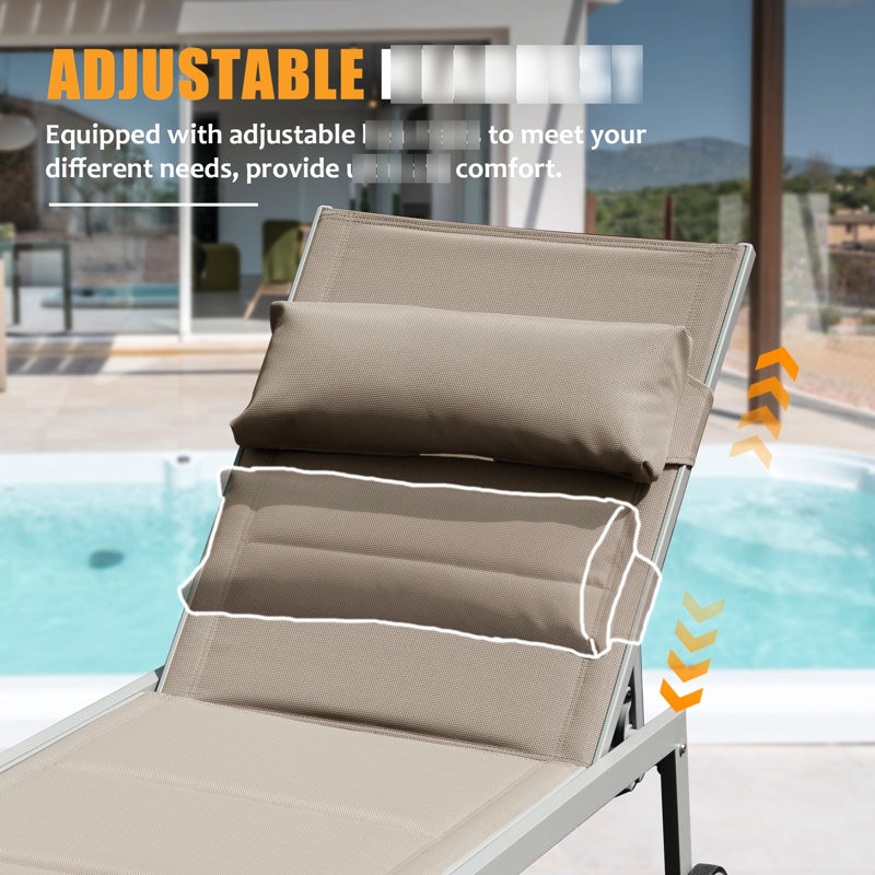 3 Outdoor Pool Lounge Chair In Khaki - Aluminum Chairs With Side Table & Wheels Padded Adjustable Recliner For Poolside, Beach, Yard, Balcony Quick-Drying Patio Chaise Of 3 And 5 Positions