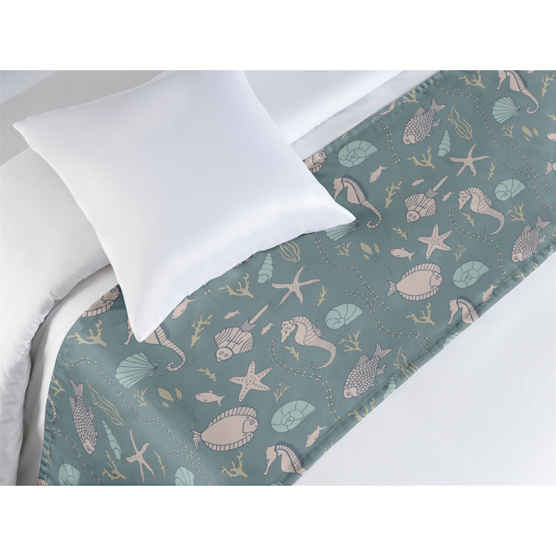 Twin Gray Polyester Satin Marine Print Bed Runner Set