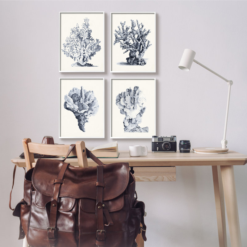 Ensemble d'illustrations texturées et giclées sur fond de corail de mer rétro, 4 pièces, par Vision Studio, H 14 po x l 11 po
