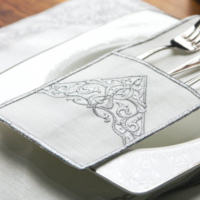 Embroidered White Linen Placemats with Gold Scrollwork – 24pc Elegant Table Mats Set for 6 Person | Islamic Decorative Dining Linens