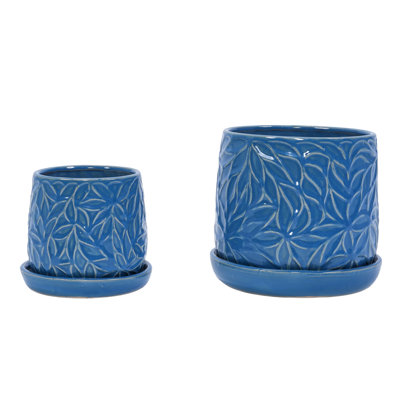 8 In., 6 In. Round Ceramic Planter Pot Set With Drainage Saucer （2 Pack),Leaf Pattern Design