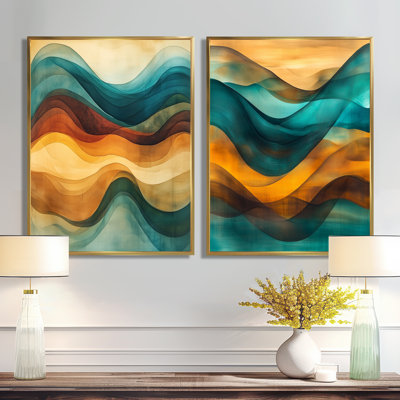 Turquoise Abstract Wall Art Set of 2, Brown Wave Canvas, Waves Of  Turquoise, And Brown