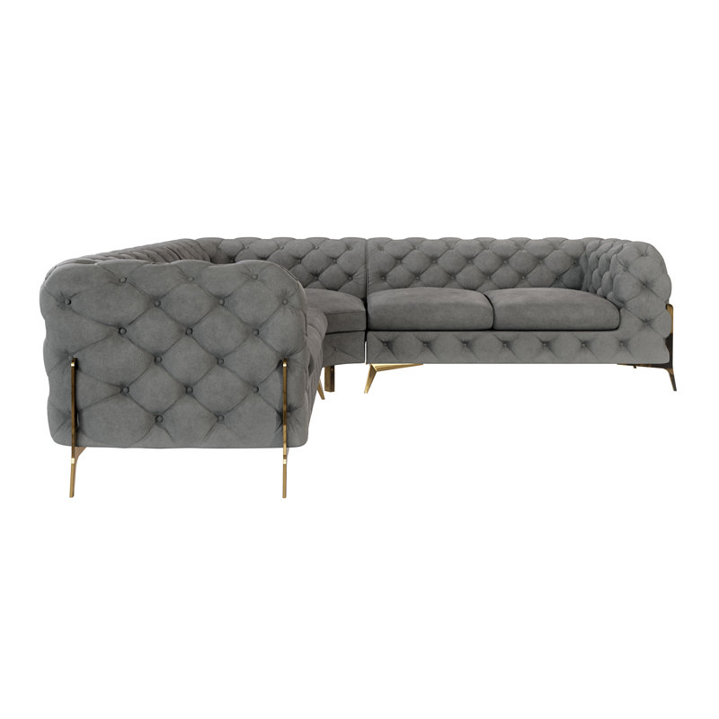 Chesterfield Corner Sofa L-Shape  with Gold Metal Legs, Grey