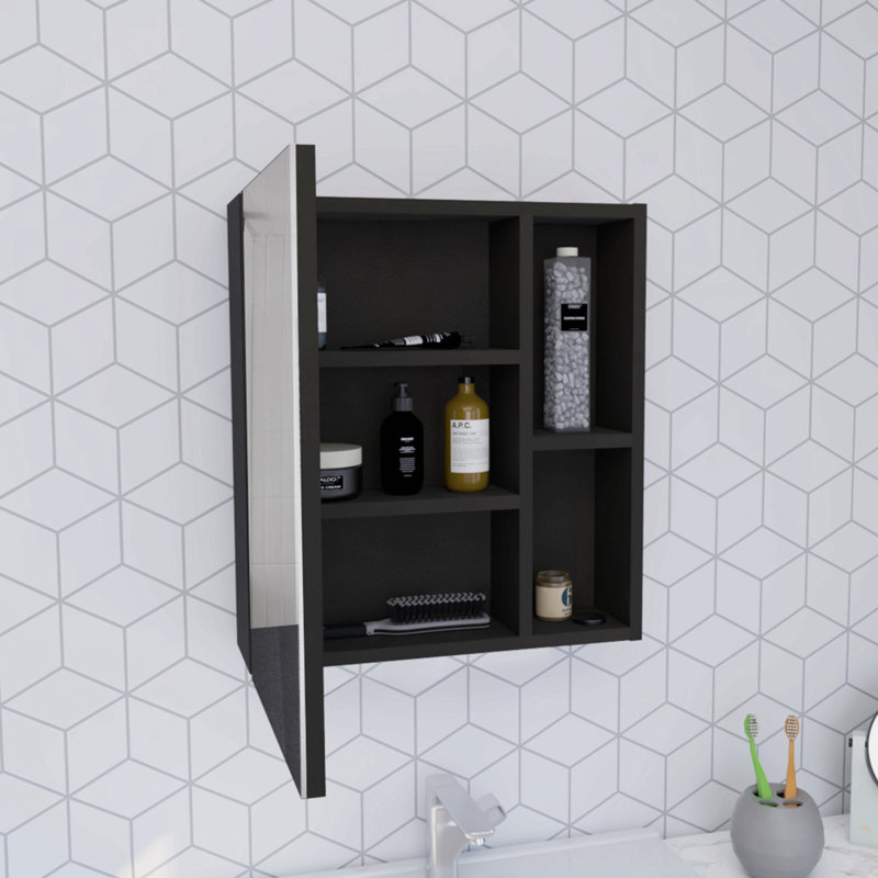 Armoire à pharmacie à porte simple H 19 po avec miroir, cinq tablettes intérieures, noir, Noir mat