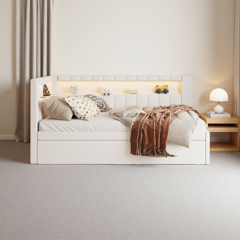 Lit plateforme tapissier avec ports USB et ceinture à DEL, avec lit gigogne, Lit simple, Blanc