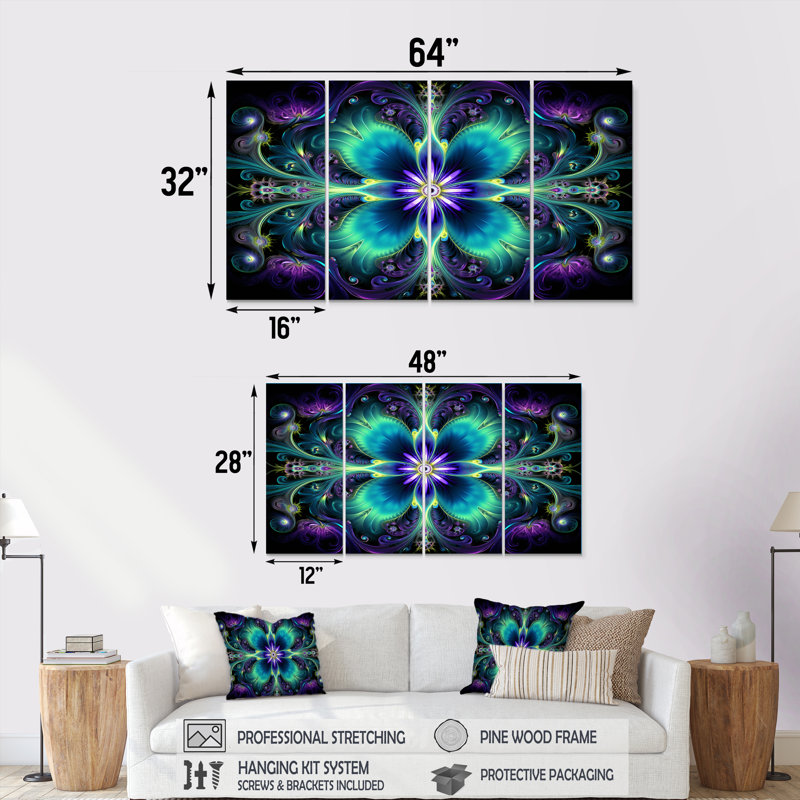 Turquoise néon fractal fleurs I - Boho Mandala, art mural sur toile 4 pièces, H 28 po x l 48 po