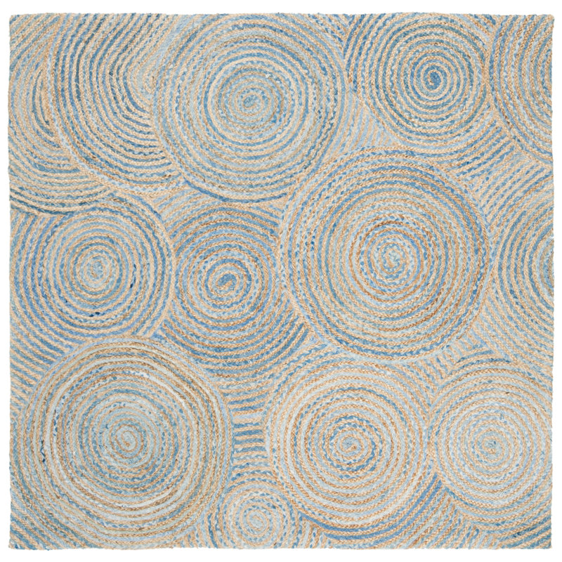 Abhay Hand Woven Jute/Chindi Geometric Rug in Blue/Gray, Square 6'