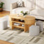 Table basse multifonctionnelle ovale avec rangement et 4 tabourets en tissu, parfaite pour les espaces de vie compacts et l'utilisation familiale