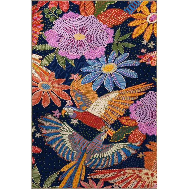 Tapis décoratif moderne multicolore bleu marine à motif floral, Sous-tapis carré 3 pi 3 po inclus
