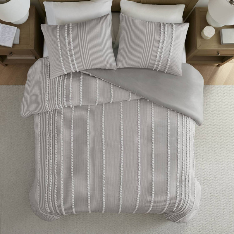 Ensemble de housse de couette en coton très jacquard avec détails jacquard, Gris à rayures