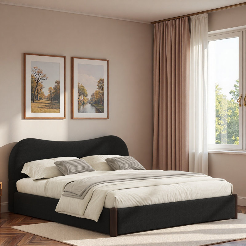 Lit plateforme tapissier avec tête de lit courbée et pieds de soutien en bois, Black, King