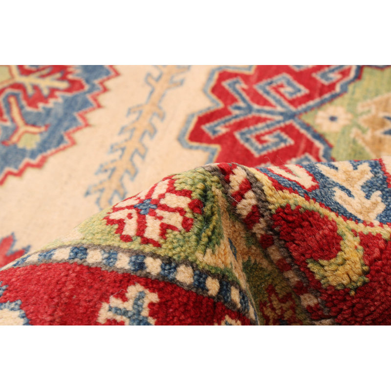 Tapis ivoire / rouge en laine noué à la main de conception unique 5 pi 7 po x 7 pi 9 po New Age