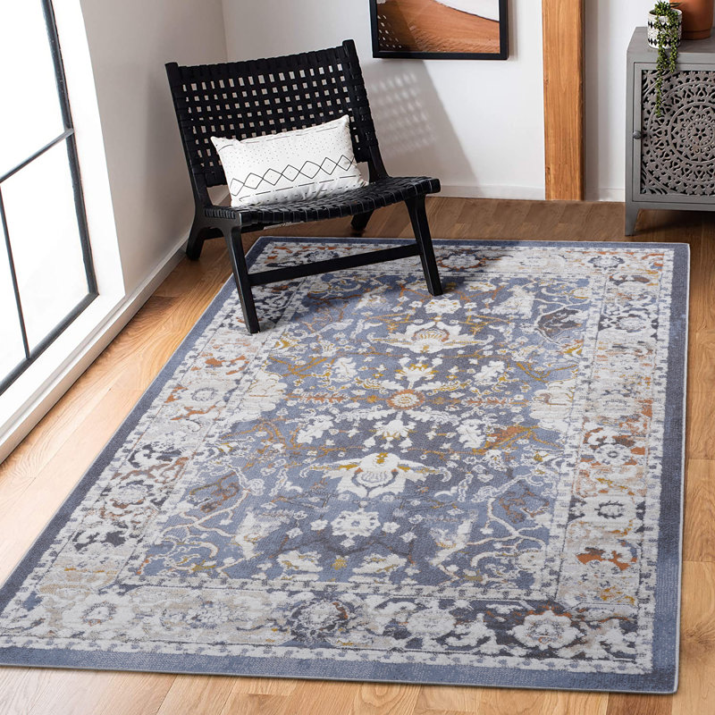 Tapis tissé à la machine bleu / traditionnel Naar Payas, Rectangle 6 pi 7 po x 9 pi