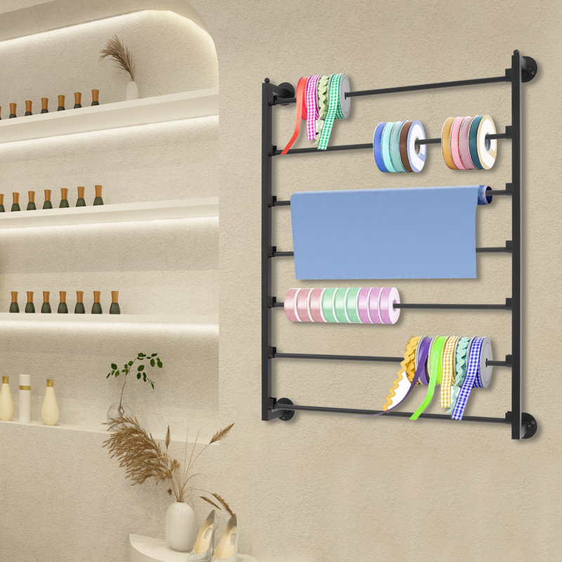 7-Tier Wall Mounted Ribbon/Towel Storage Rack, Black