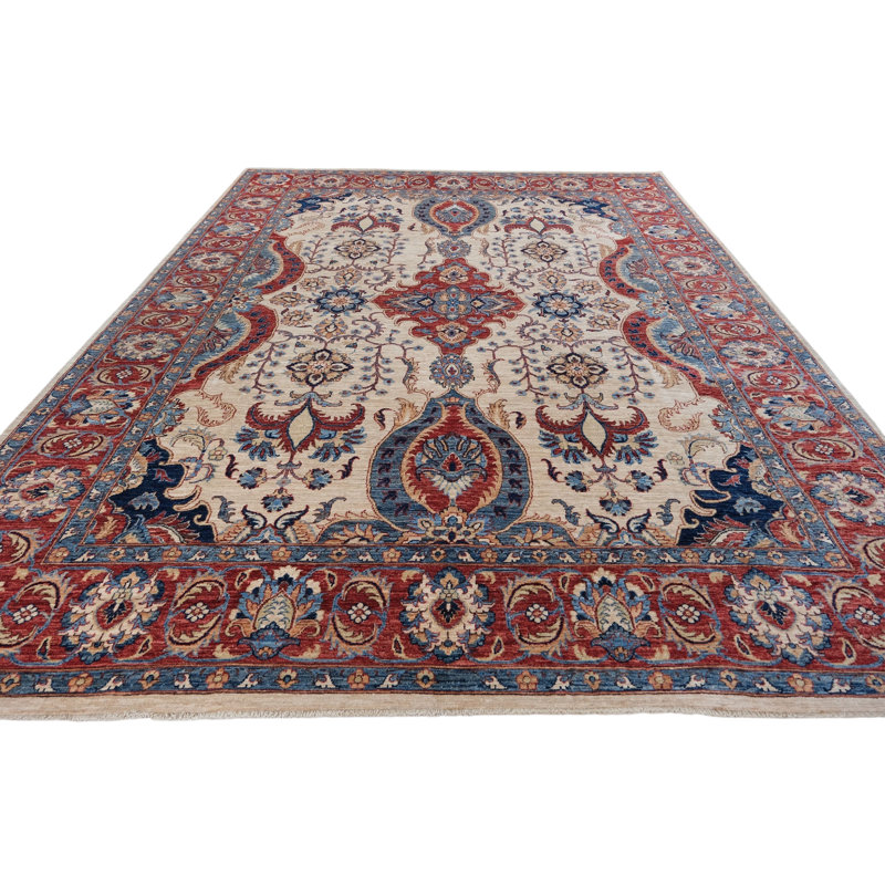 High-Quality Hand-Knotted Beige And Red Area Rug