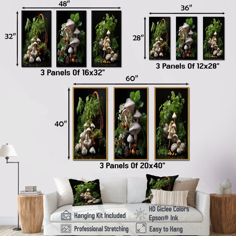 Photo de jardin d'un champignon I - ensemble de 3 décorations murales champignon, Cadre flottant blanc, H 40 po x l 60 po