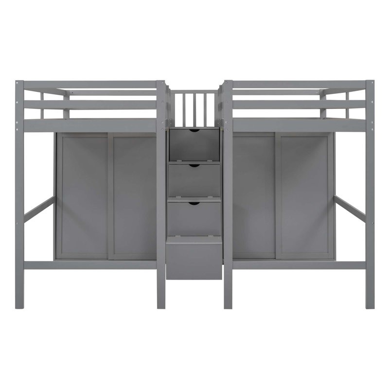 Lit mezzanine double avec placards et escalier, Gris