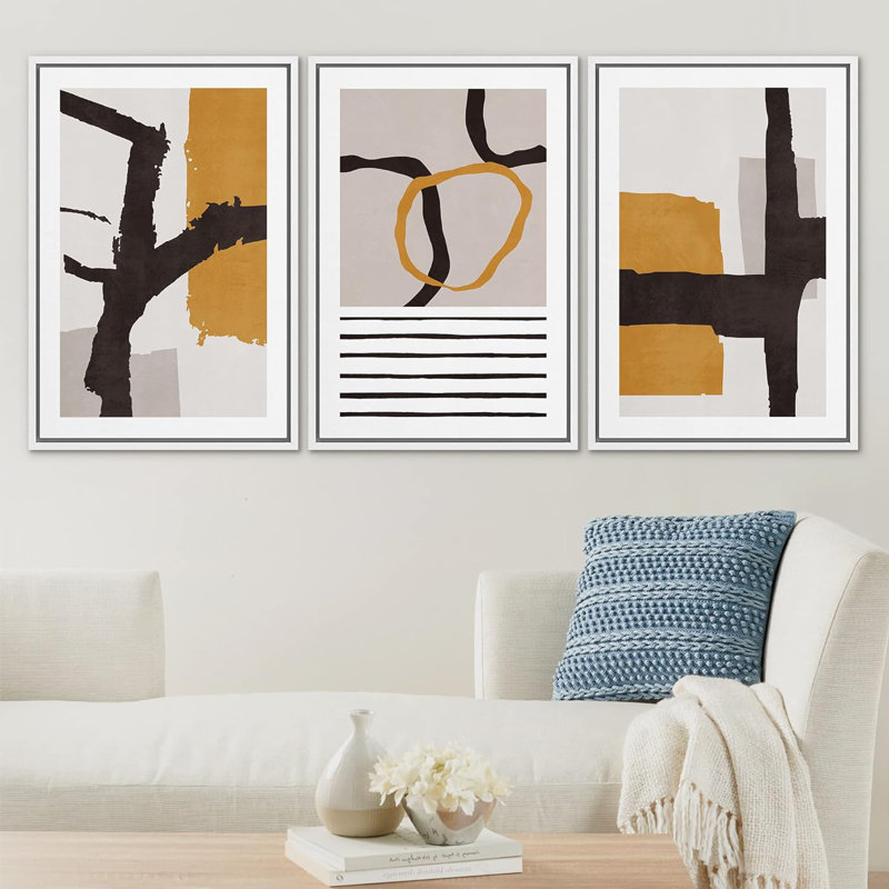 Color Blocks " Mid-Century Gold Black Polygon Collage Abstract Shapes Neutral Modern Art Decor Contemporary " 3 - Pieces