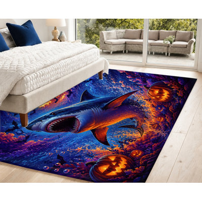 Tapis d'Halloween requin citrouille lune, conception artistique éclatante, tapis antidérapant, décoration intérieure pour salon, chambre à coucher, entrée, cuisine, balcon