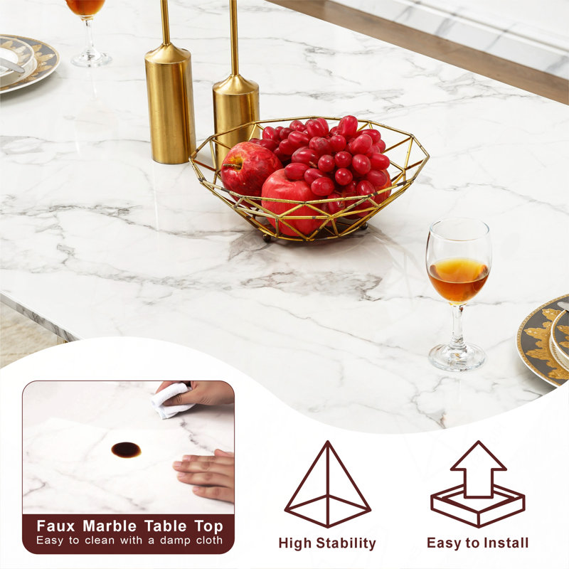 Table de salle à manger en marbre pour 6 personnes, table de salle à manger rectangulaire en faux marbre 70 po avec base en acier inoxydable à finition miroir, table de cuisine moderne en marbre de grande taille (SEULEMENT TABLE)