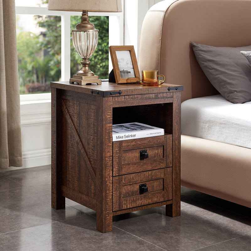 Adaija 18" W 2-Drawer Nightstand with Outlets and USB Ports, Rustic Brown