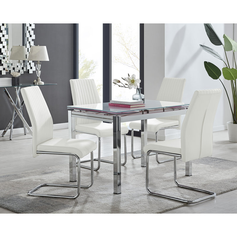 Tierra Modern Glass & Metal Extendable Dining Table Set & 4 Luxury Faux Leather Dining Chairs, White/Silver