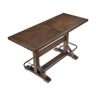 Table de pub brune à finition brune avec repose-pieds en métal, structure en bois robuste, design ergonomique classique