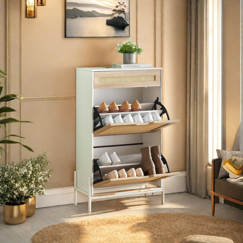 Shoe Cabinet With 2 Flip Door And 1 Drawer, Rattan Shoe Cabinet With Adjustable Shelf And Metal Legs, White