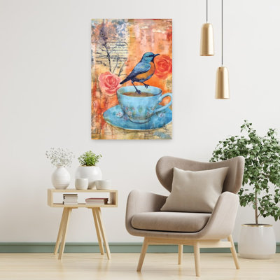 Pause-café avec oiseaux et fleurs - Affiche murale contemporaine