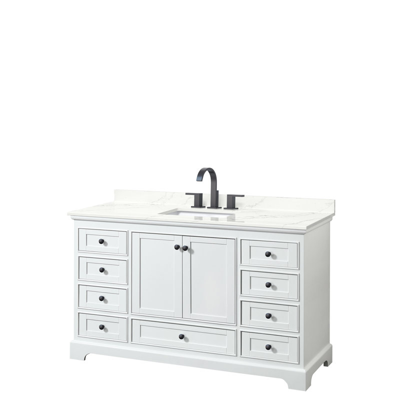 Ensemble de meuble-lavabo simple avec comptoir en quartz Deborah, Giotto Quartz, Blanc, Noir mat