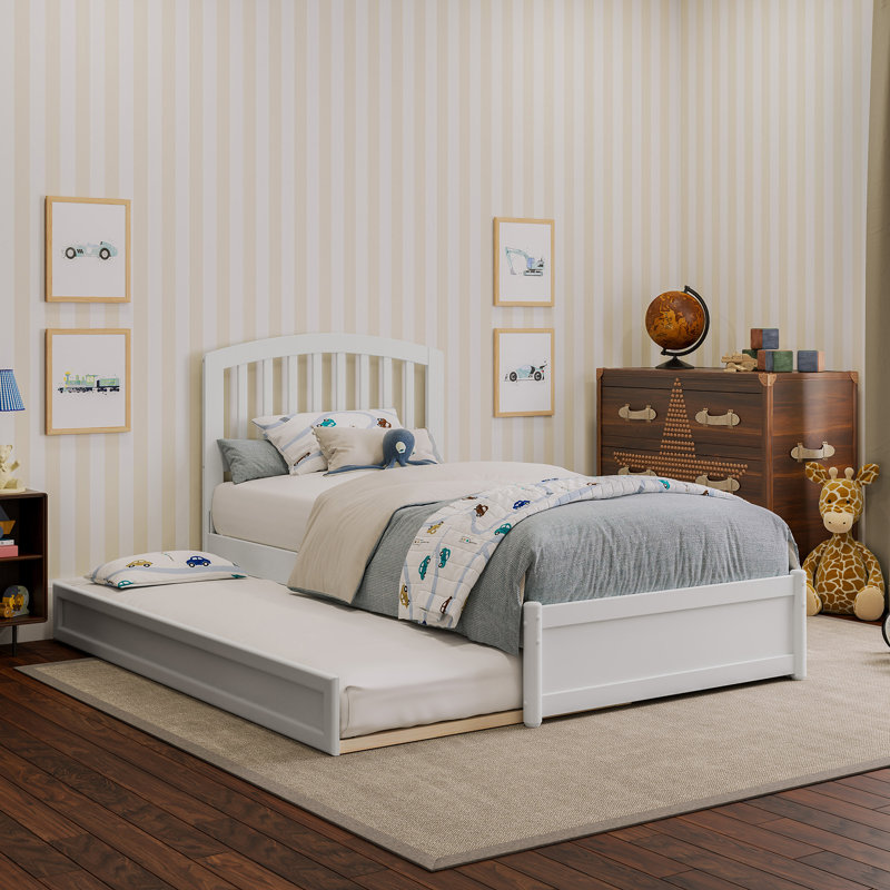 Lit plateforme en bois massif Lamari avec pied de lit et lit gigogne, Blanc, Simple
