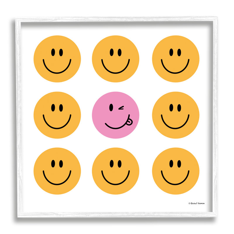 Visage souriant rose et jaune, Giclée encadrée blanc bord de mer, H 17 po x l 17 po x P 1,5 po