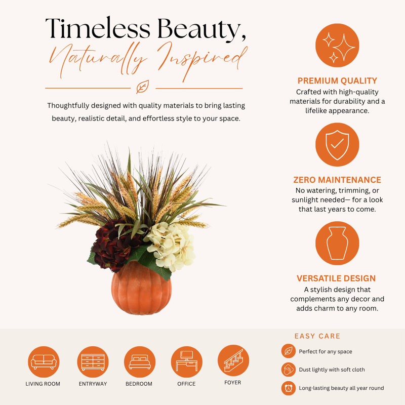 Cream and Burgundy Hydrangea with Wheat Grass in a Pumpkin Pot