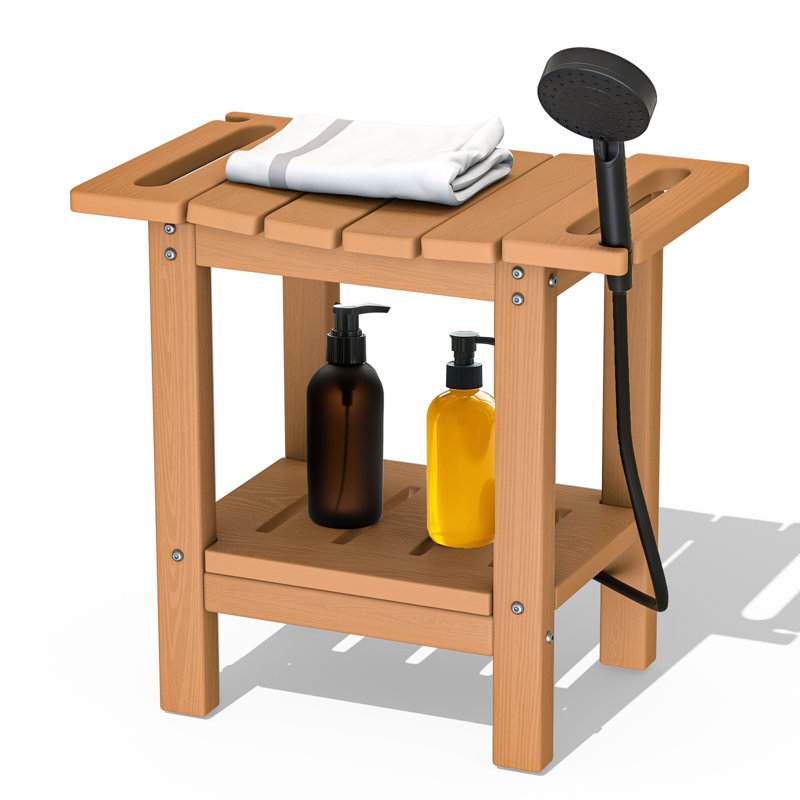 HDPE Waterproof Shower Stool – All-Weather Indoor/Outdoor Bench with Storage Shelf – Multipurpose Leg Shaving Seat & Side Table