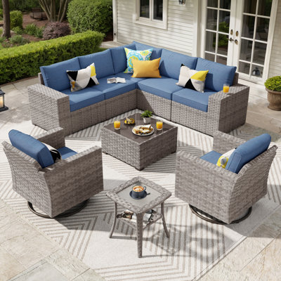 Ensemble de conversation pour 7 personnes avec chaise berçante pivotante, ensemble de conversation modulaire en rotin et osier avec coussins, ensemble de conversation toutes saisons avec table pour jardin