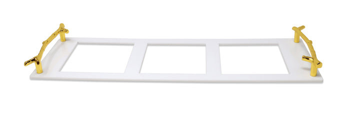 3 plats de service en acrylique sur plateau avec couvercles et cuillères, Blanc