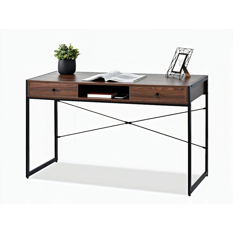 Dawnielle Metal Base Writing Desk, Black, Brown