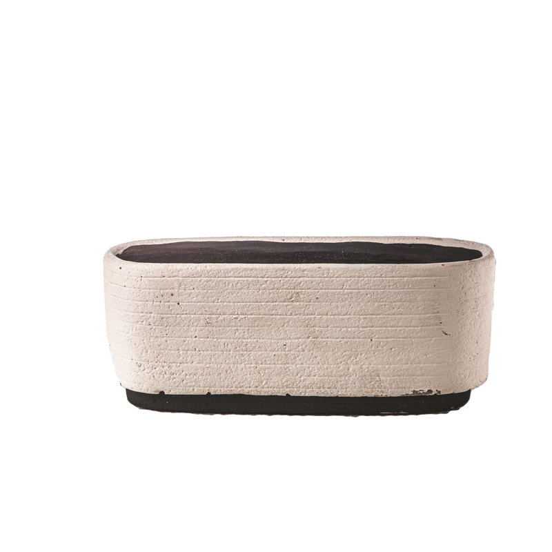 Cement Oval Pot with Debossed Stripe Design and Dark Banded Bottom Base LG Painted Finish Beige., 4.24" H x 4.24" W x 10.5" D