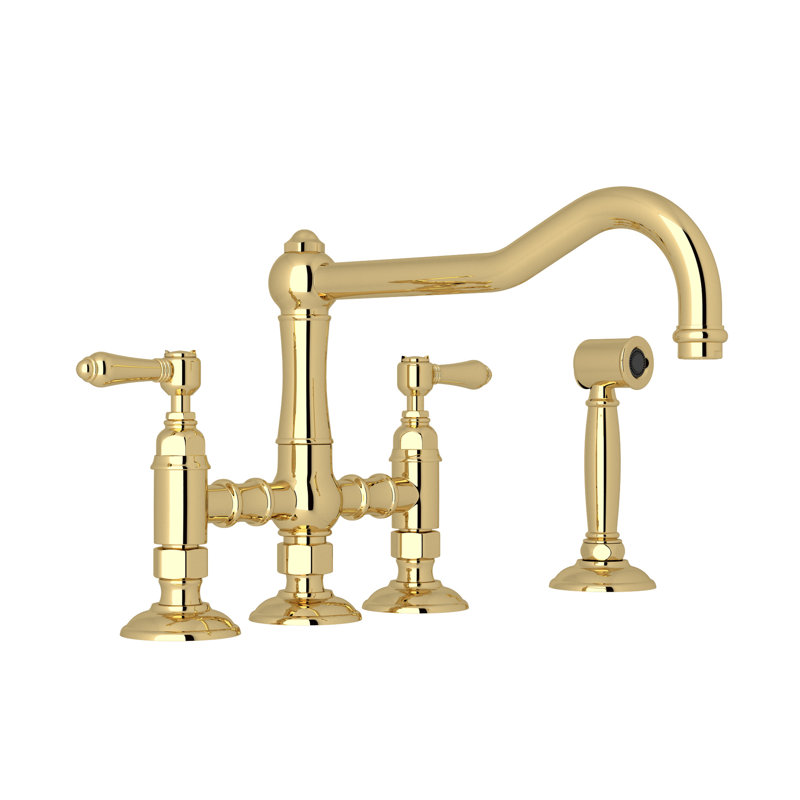 Acqui Bridge Kitchen Faucet With Side Spray, Metal Lever Handle, Unlacquered Brass