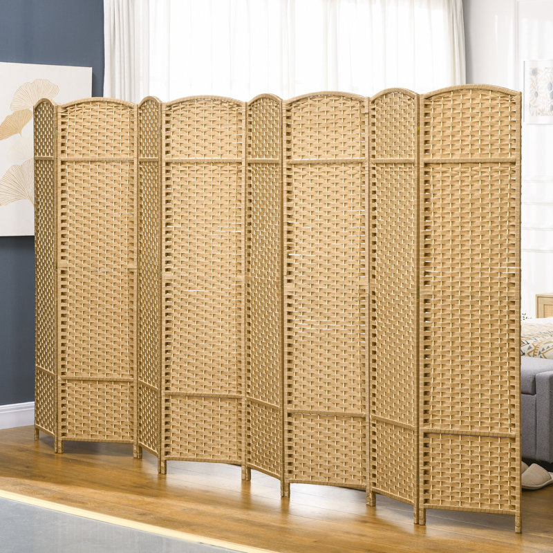 Paravent 8 panneaux pliable, hauteur 5,6 pi pour bureau à domicile, bois naturel avec tissage ravissant intriguant