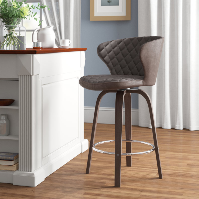 Stevan Swivel Counter & Bar Height Barstool with Metal Footrest in Faux Leather, and Wood, Bar Stool (30" Seat Height)