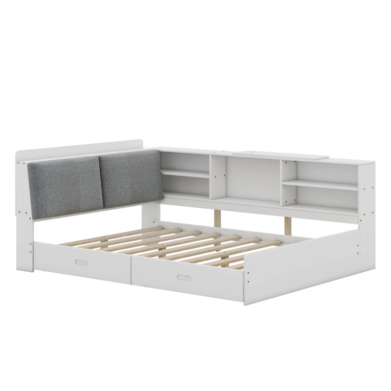 Lit plateforme en bois avec tête de lit, tablettes et 2 tiroirs, Blanc