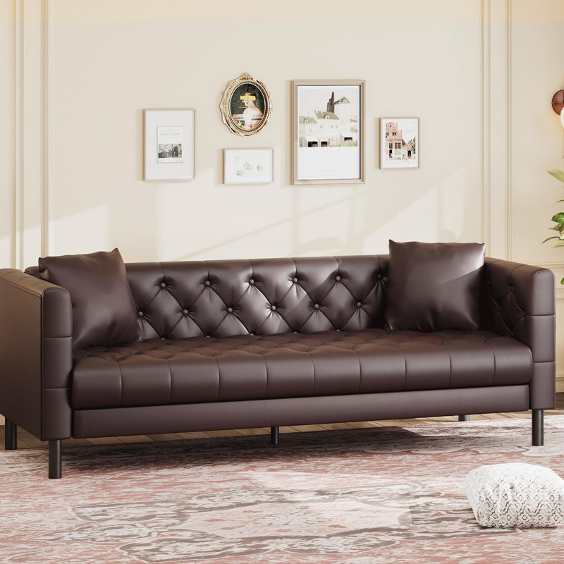 81" Leather Couch, Handmade Button Tufted 3 Seater Sofa, Chesterfield Sofa with Deep Seat, Brown