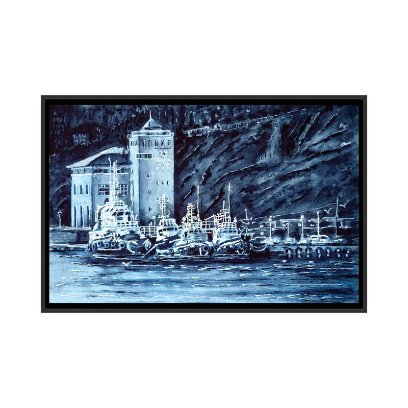 « tugboats », impression sur toile, H 18 po x l 26 po x P 1,5 po, Toile avec cadre noir, Pas de tapis
