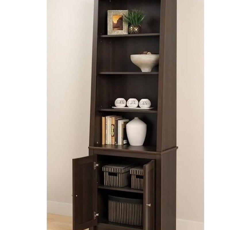 Tall 4 Shelf Slant-Back Bookcase with Doors, Shaker Doors Conceal a Lower Compartment with One Adjustable Shelf, Espresso