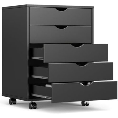 5 Drawer Mobile File Cabinet Under Desk Storage Organization With Wheels Vertical Filing Chest Rolling Wood Small Desk Printer Stand For Home Office, 15.75"D X 18.74"W X 25.39"H, Black