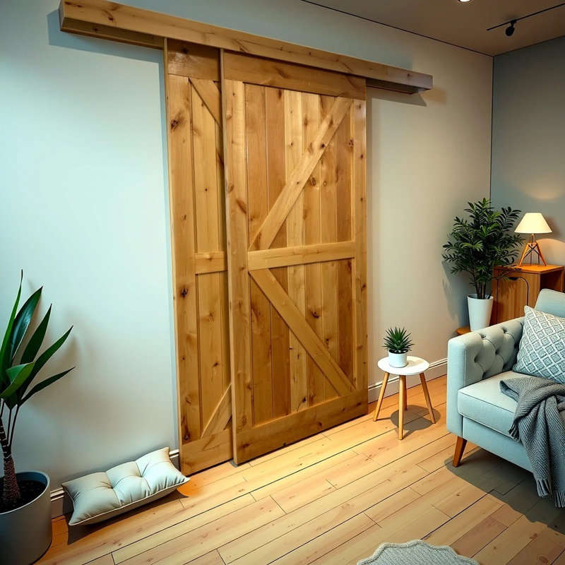 Portes de grange doubles en aulne fini avec ensemble de quincaillerie coulissante en bois, 82 po x 84 po