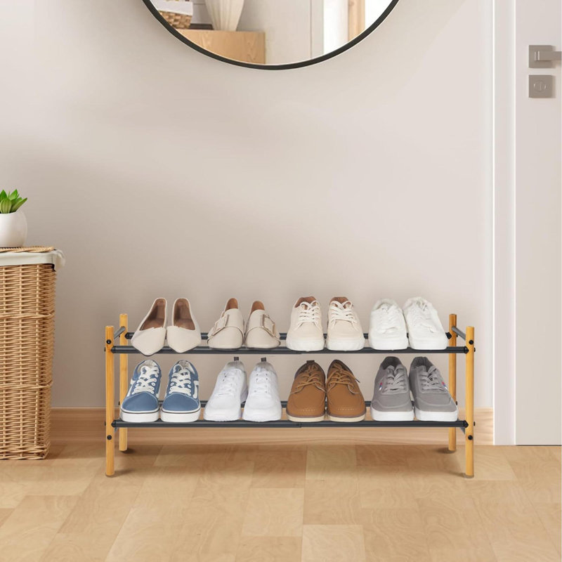 Range-chaussures extensible, étagère à chaussures empilable 8 paires, range-chaussures réglable en métal pour placard, entrée, couloir, garage, porte d'entrée, étagères à chaussures, 2 niveaux en bambou
