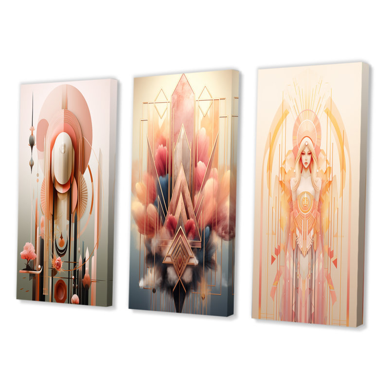 «Retro Boho Chic Minimal Geometric Retro Rose», 3 pièces sur toile, Toile tendue, H 28 po x l 36 po