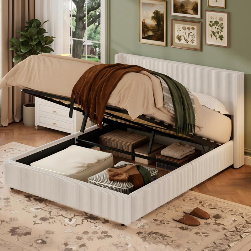Queen Size Bed Frame with Lift Up Storage, Corduroy Upholstered Platform Bed with Wingback Headboard, Solid Wooden Slats, No Box Spring Needed, Hydraulic Support, White